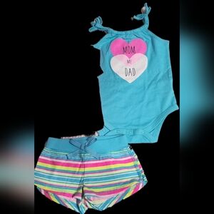 Okie Dokie Blue Bodysuit with Heart Design And Striped Short Set